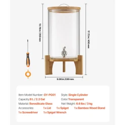 VEVOR Beverage Dispenser, 2.2 Gallon Drink Dispensers for Parties, Glass Juice Dispenser with Wood Stand, Stainless Steel Spigot, Iced Tea Lemonade Juice Water Dispensers for Parties