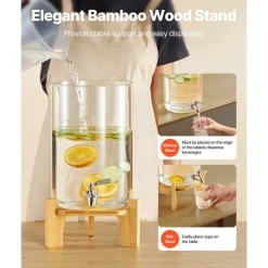 VEVOR Beverage Dispenser, 2.2 Gallon Drink Dispensers for Parties, Glass Juice Dispenser with Wood Stand, Stainless Steel Spigot, Iced Tea Lemonade Juice Water Dispensers for Parties