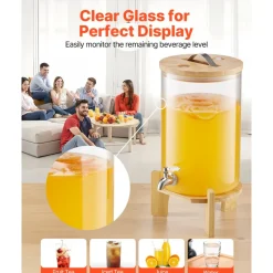 VEVOR Beverage Dispenser, 2.2 Gallon Drink Dispensers for Parties, Glass Juice Dispenser with Wood Stand, Stainless Steel Spigot, Iced Tea Lemonade Juice Water Dispensers for Parties