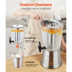 VEVOR Beverage Dispenser, 2.1 Gallon Drink Dispenser for Parties, Stainless Steel + Plastic Juice Dispensers with Spigot Ice Chamber, Iced Tea Lemonade Juice Water Dispensers, for Restaurants, Hotels