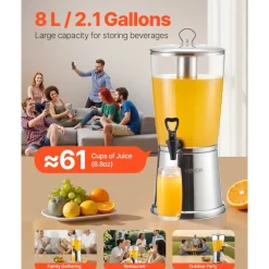 VEVOR Beverage Dispenser, 2.1 Gallon Drink Dispenser for Parties, Stainless Steel + Plastic Juice Dispensers with Spigot Ice Chamber, Iced Tea Lemonade Juice Water Dispensers, for Restaurants, Hotels