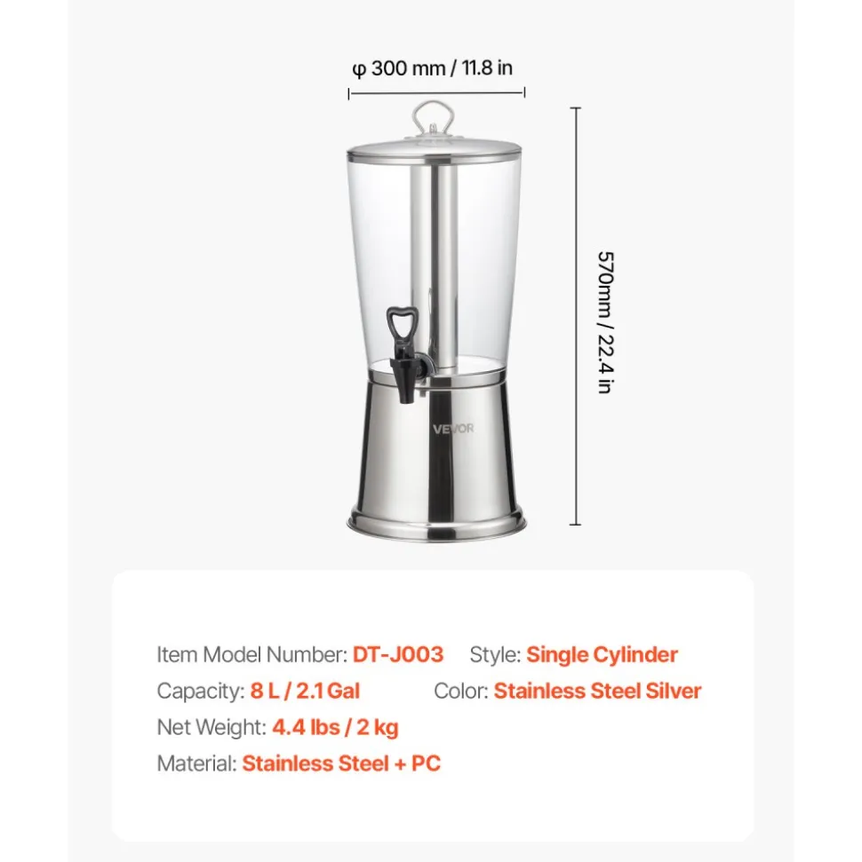 VEVOR Beverage Dispenser, 2.1 Gallon Drink Dispenser for Parties, Stainless Steel + Plastic Juice Dispensers with Spigot Ice Chamber, Iced Tea Lemonade Juice Water Dispensers, for Restaurants, Hotels