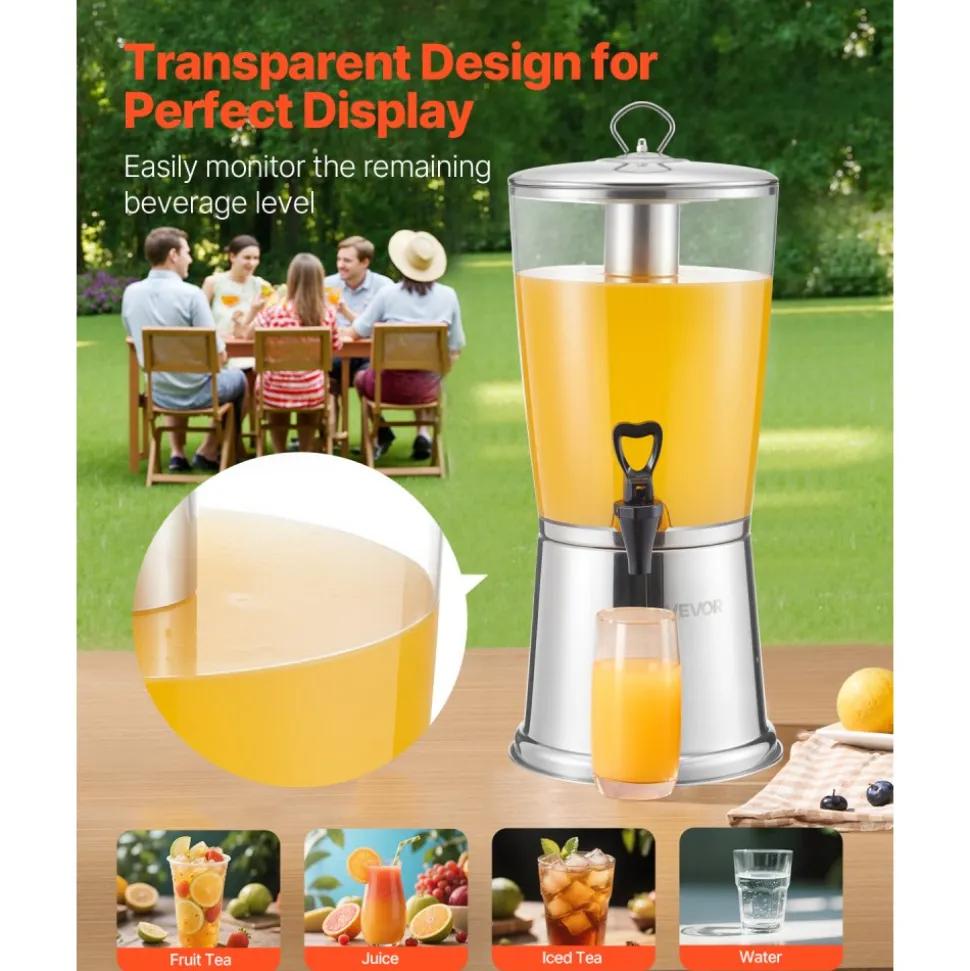 VEVOR Beverage Dispenser, 2.1 Gallon Drink Dispenser for Parties, Stainless Steel + Plastic Juice Dispensers with Spigot Ice Chamber, Iced Tea Lemonade Juice Water Dispensers, for Restaurants, Hotels