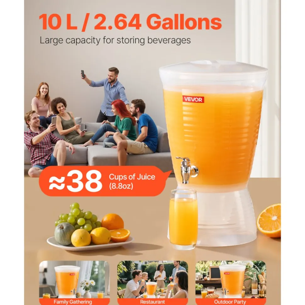 VEVOR Beverage Dispenser, 2.64 Gallon Drink Dispenser for Parties, Plastic Juice Dispensers with Spigot Ice Chamber, Iced Tea Lemonade Juice Water Dispensers, for Restaurants, Hotels, Parties