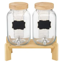 VEVOR Beverage Dispenser, 2 Pack 1 Gallon Drink Dispensers for Parties, Glass Juice Dispenser with Wood Stand, Stainless Steel Spigot, Infuser, Iced Tea Lemonade Juice Water Dispensers for Parties