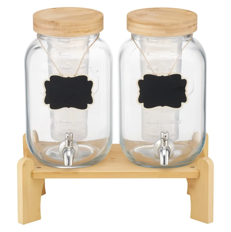VEVOR Beverage Dispenser, 2 Pack 1 Gallon Drink Dispensers for Parties, Glass Juice Dispenser with Wood Stand, Stainless Steel Spigot, Infuser, Iced Tea Lemonade Juice Water Dispensers for Parties