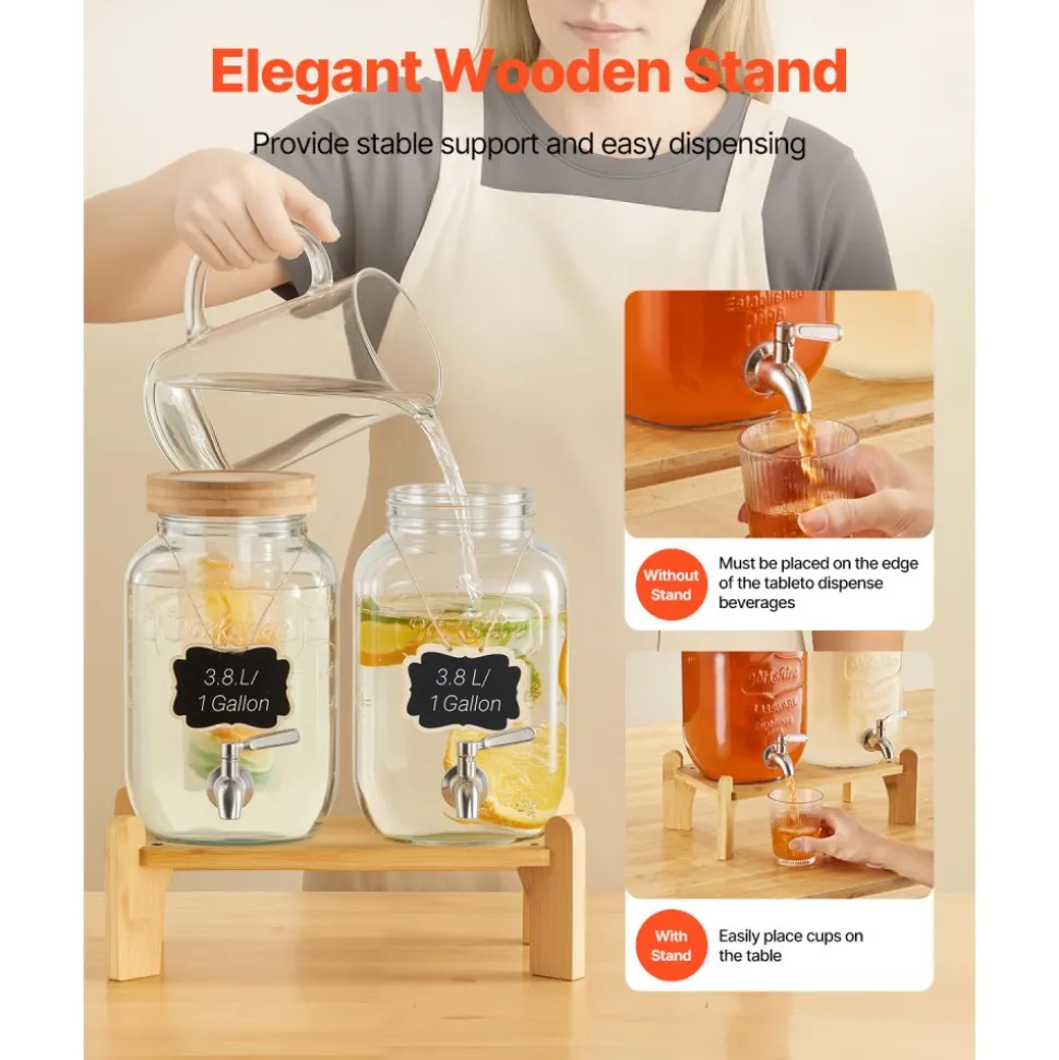 VEVOR Beverage Dispenser, 2 Pack 1 Gallon Drink Dispensers for Parties, Glass Juice Dispenser with Wood Stand, Stainless Steel Spigot, Infuser, Iced Tea Lemonade Juice Water Dispensers for Parties