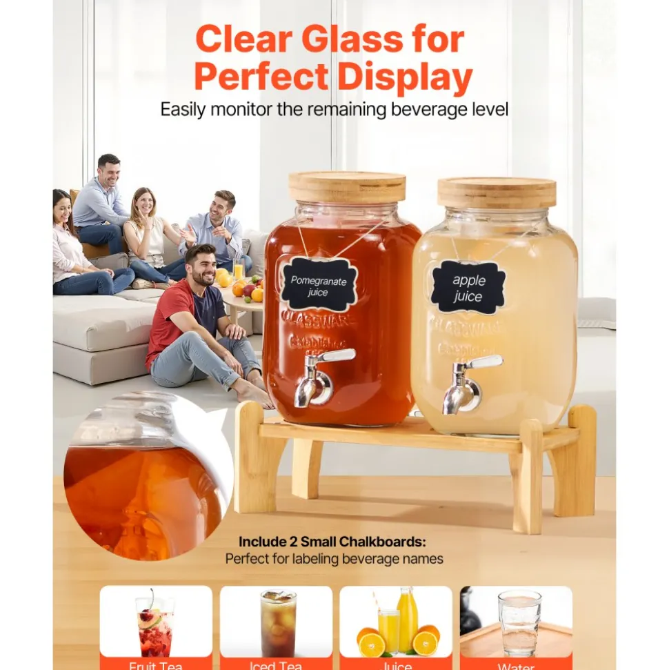 VEVOR Beverage Dispenser, 2 Pack 1 Gallon Drink Dispensers for Parties, Glass Juice Dispenser with Wood Stand, Stainless Steel Spigot, Infuser, Iced Tea Lemonade Juice Water Dispensers for Parties
