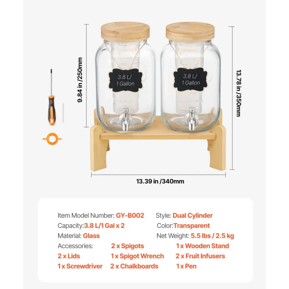 VEVOR Beverage Dispenser, 2 Pack 1 Gallon Drink Dispensers for Parties, Glass Juice Dispenser with Wood Stand, Stainless Steel Spigot, Infuser, Iced Tea Lemonade Juice Water Dispensers for Parties