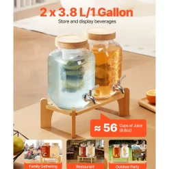 VEVOR Beverage Dispenser, 2 Pack 1 Gallon Drink Dispensers for Parties, Glass Juice Dispenser with Wood Stand, Stainless Steel Spigot, Infuser, Iced Tea Lemonade Juice Water Dispensers for Parties