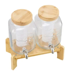 VEVOR Beverage Dispenser, 2 Pack 1 Gallon Drink Dispensers for Parties, Glass Juice Dispenser with Wood Stand, Stainless Steel Spigot, Infuser, Iced Tea Lemonade Juice Water Dispensers for Parties