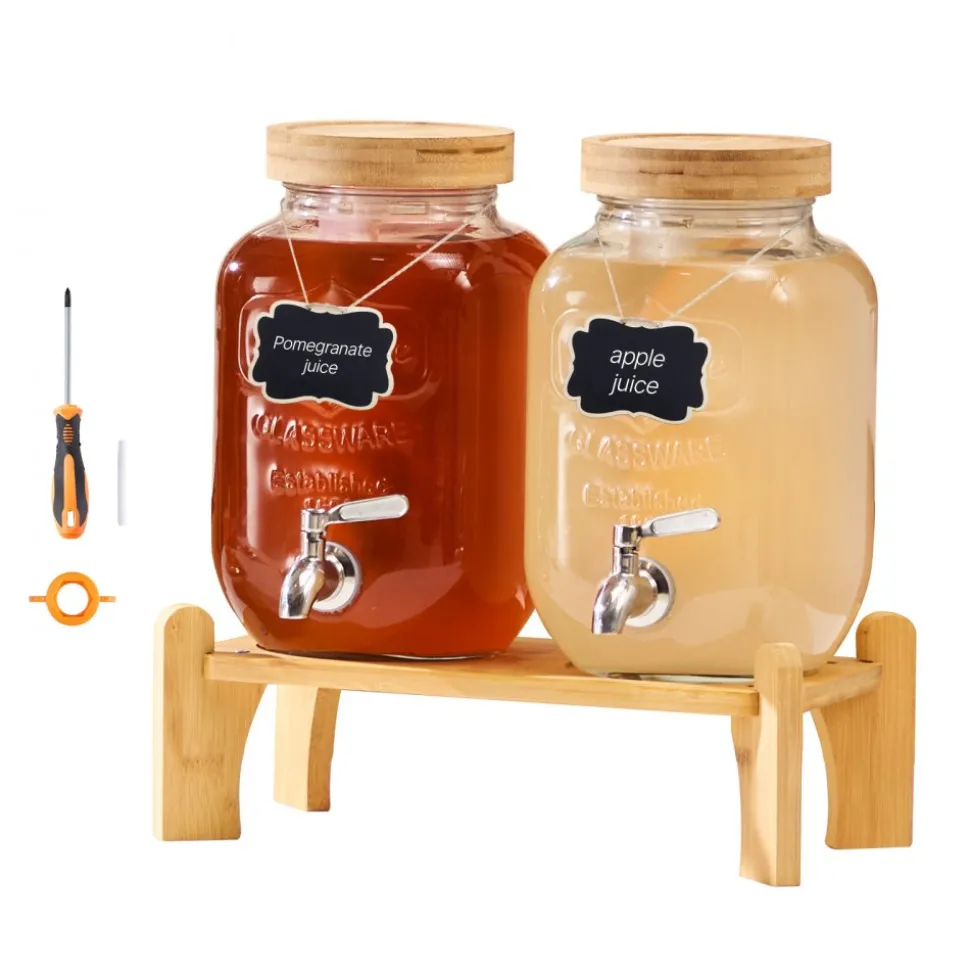 VEVOR Beverage Dispenser, 2 Pack 1 Gallon Drink Dispensers for Parties, Glass Juice Dispenser with Wood Stand, Stainless Steel Spigot, Infuser, Iced Tea Lemonade Juice Water Dispensers for Parties
