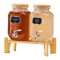 VEVOR Beverage Dispenser, 2 Pack 1 Gallon Drink Dispensers for Parties, Glass Juice Dispenser with Wood Stand, Stainless Steel Spigot, Infuser, Iced Tea Lemonade Juice Water Dispensers for Parties