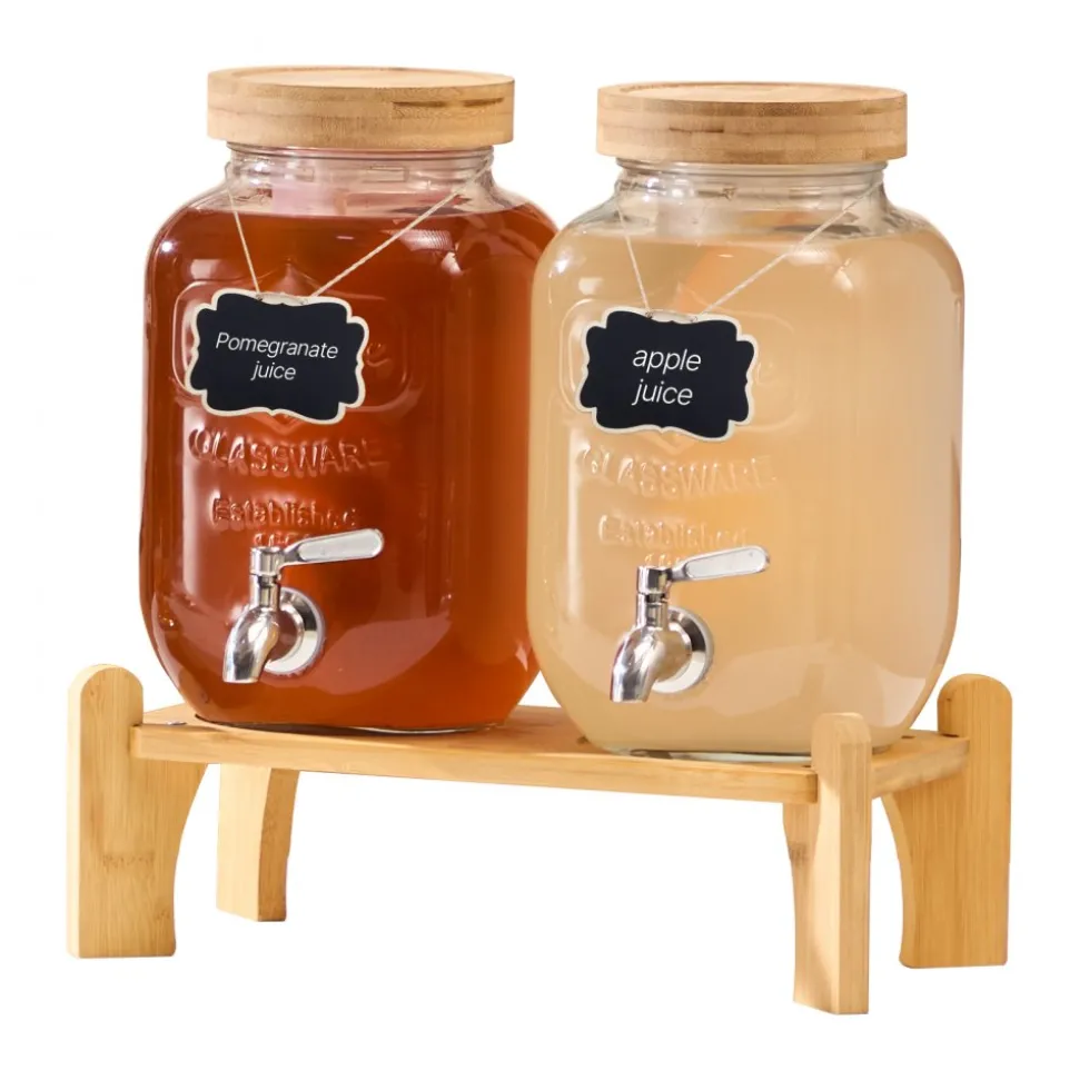 VEVOR Beverage Dispenser, 2 Pack 1 Gallon Drink Dispensers for Parties, Glass Juice Dispenser with Wood Stand, Stainless Steel Spigot, Infuser, Iced Tea Lemonade Juice Water Dispensers for Parties