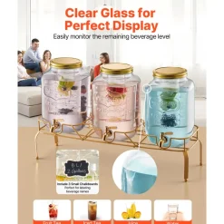 VEVOR Beverage Dispenser, 3 Pack 2 Gallon Drink Dispensers for Parties, Glass Juice Dispenser with Metal Stand, Stainless Steel Spigot, Infuser, Iced Tea Lemonade Juice Water Dispensers for Parties