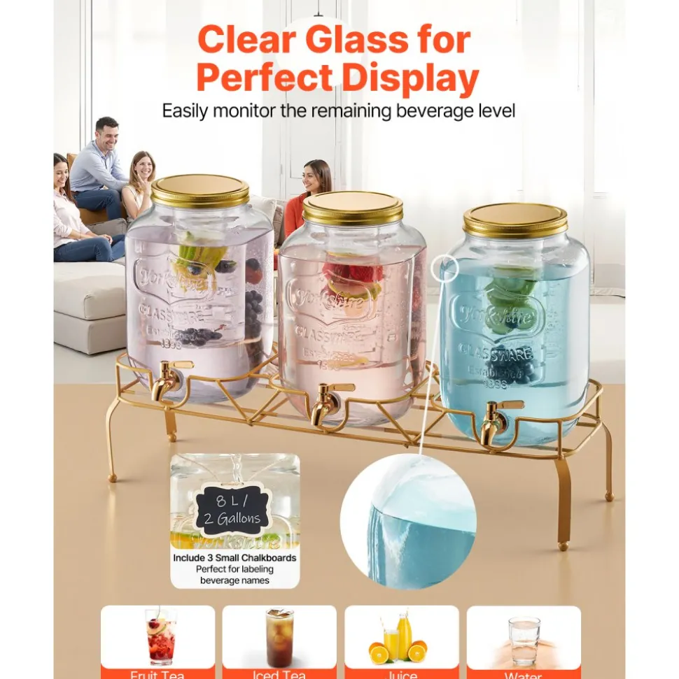 VEVOR Beverage Dispenser, 3 Pack 2 Gallon Drink Dispensers for Parties, Glass Juice Dispenser with Metal Stand, Stainless Steel Spigot, Infuser, Iced Tea Lemonade Juice Water Dispensers for Parties