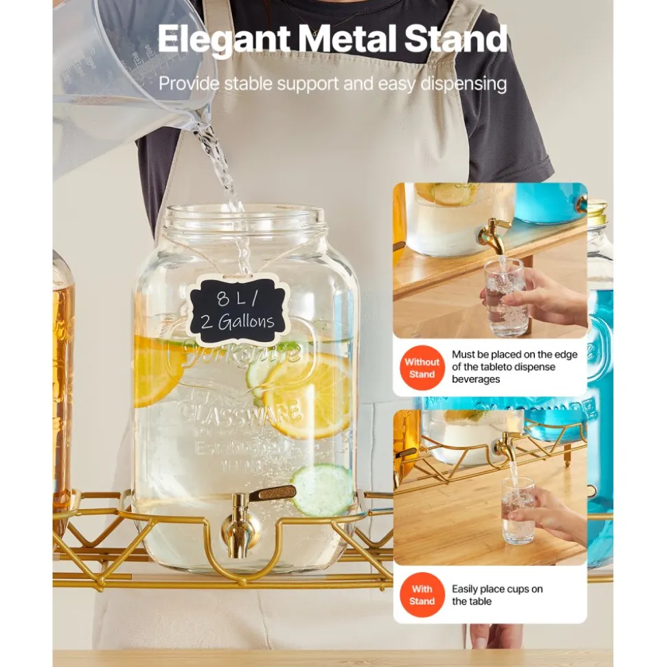 VEVOR Beverage Dispenser, 3 Pack 2 Gallon Drink Dispensers for Parties, Glass Juice Dispenser with Metal Stand, Stainless Steel Spigot, Infuser, Iced Tea Lemonade Juice Water Dispensers for Parties
