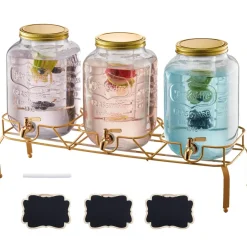 VEVOR Beverage Dispenser, 3 Pack 2 Gallon Drink Dispensers for Parties, Glass Juice Dispenser with Metal Stand, Stainless Steel Spigot, Infuser, Iced Tea Lemonade Juice Water Dispensers for Parties