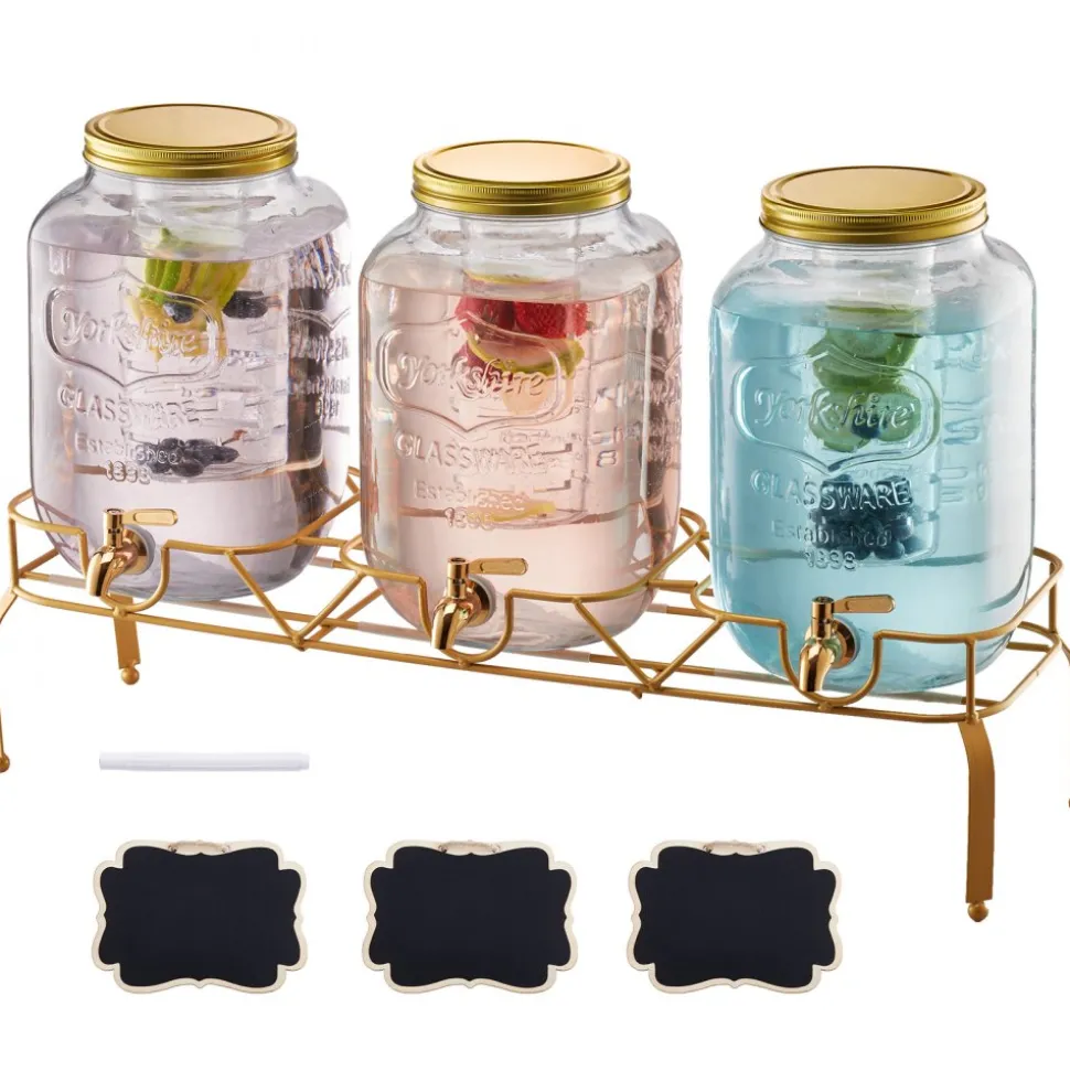 VEVOR Beverage Dispenser, 3 Pack 2 Gallon Drink Dispensers for Parties, Glass Juice Dispenser with Metal Stand, Stainless Steel Spigot, Infuser, Iced Tea Lemonade Juice Water Dispensers for Parties