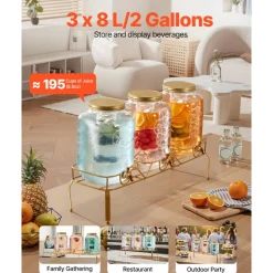 VEVOR Beverage Dispenser, 3 Pack 2 Gallon Drink Dispensers for Parties, Glass Juice Dispenser with Metal Stand, Stainless Steel Spigot, Infuser, Iced Tea Lemonade Juice Water Dispensers for Parties