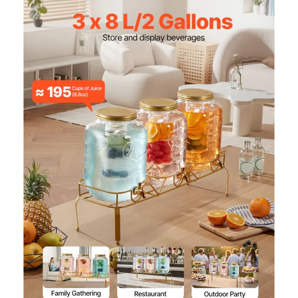 VEVOR Beverage Dispenser, 3 Pack 2 Gallon Drink Dispensers for Parties, Glass Juice Dispenser with Metal Stand, Stainless Steel Spigot, Infuser, Iced Tea Lemonade Juice Water Dispensers for Parties