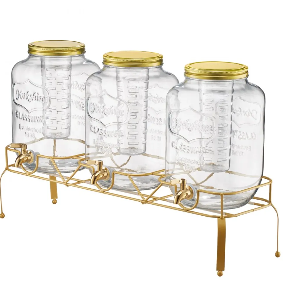 VEVOR Beverage Dispenser, 3 Pack 2 Gallon Drink Dispensers for Parties, Glass Juice Dispenser with Metal Stand, Stainless Steel Spigot, Infuser, Iced Tea Lemonade Juice Water Dispensers for Parties