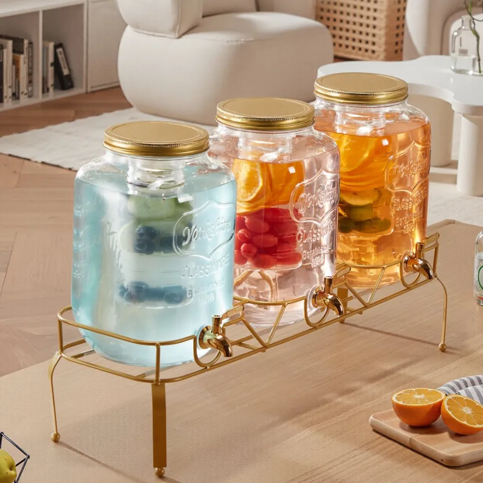 VEVOR Beverage Dispenser, 3 Pack 2 Gallon Drink Dispensers for Parties, Glass Juice Dispenser with Metal Stand, Stainless Steel Spigot, Infuser, Iced Tea Lemonade Juice Water Dispensers for Parties