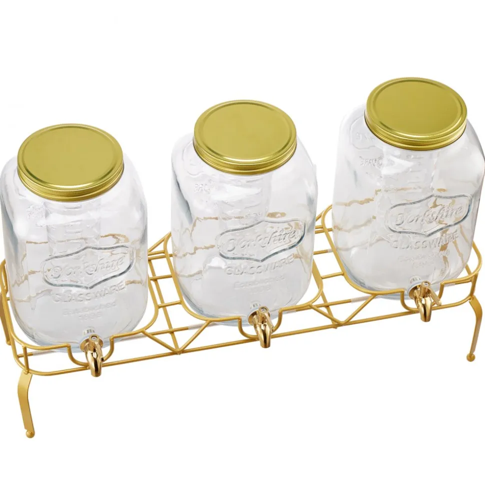 VEVOR Beverage Dispenser, 3 Pack 2 Gallon Drink Dispensers for Parties, Glass Juice Dispenser with Metal Stand, Stainless Steel Spigot, Infuser, Iced Tea Lemonade Juice Water Dispensers for Parties