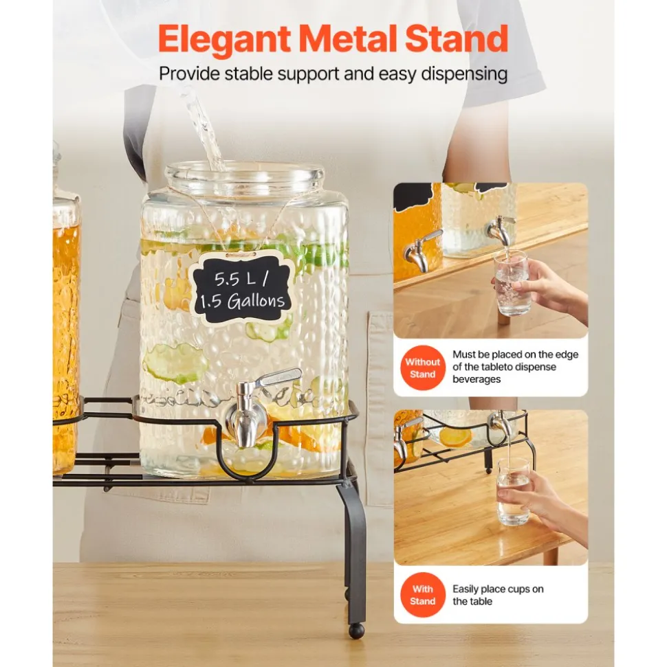 VEVOR Beverage Dispenser, 2 Pack 1.5 Gallon Drink Dispensers for Parties, Glass Juice Dispenser with Metal Stand, Stainless Steel Spigot, Iced Tea Lemonade Juice Water Dispensers for Parties