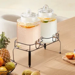 VEVOR Beverage Dispenser, 2 Pack 1.5 Gallon Drink Dispensers for Parties, Glass Juice Dispenser with Metal Stand, Stainless Steel Spigot, Iced Tea Lemonade Juice Water Dispensers for Parties