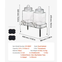 VEVOR Beverage Dispenser, 2 Pack 1.5 Gallon Drink Dispensers for Parties, Glass Juice Dispenser with Metal Stand, Stainless Steel Spigot, Iced Tea Lemonade Juice Water Dispensers for Parties
