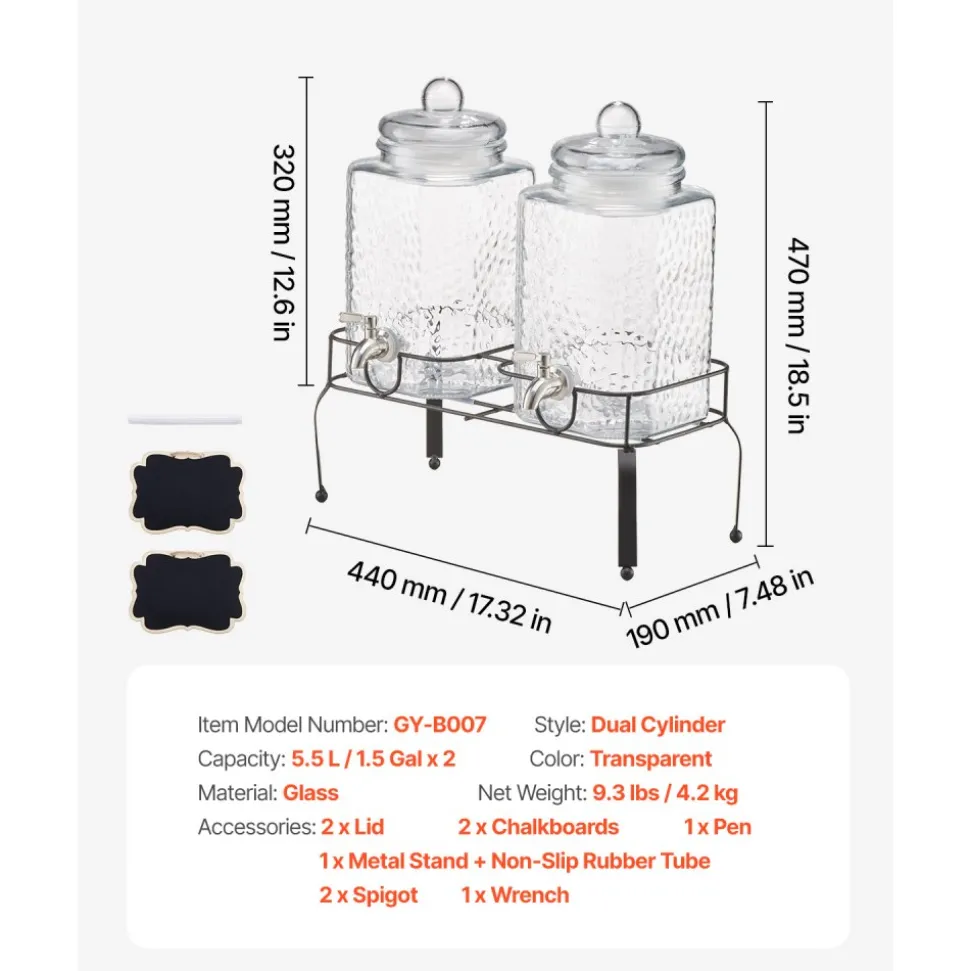 VEVOR Beverage Dispenser, 2 Pack 1.5 Gallon Drink Dispensers for Parties, Glass Juice Dispenser with Metal Stand, Stainless Steel Spigot, Iced Tea Lemonade Juice Water Dispensers for Parties
