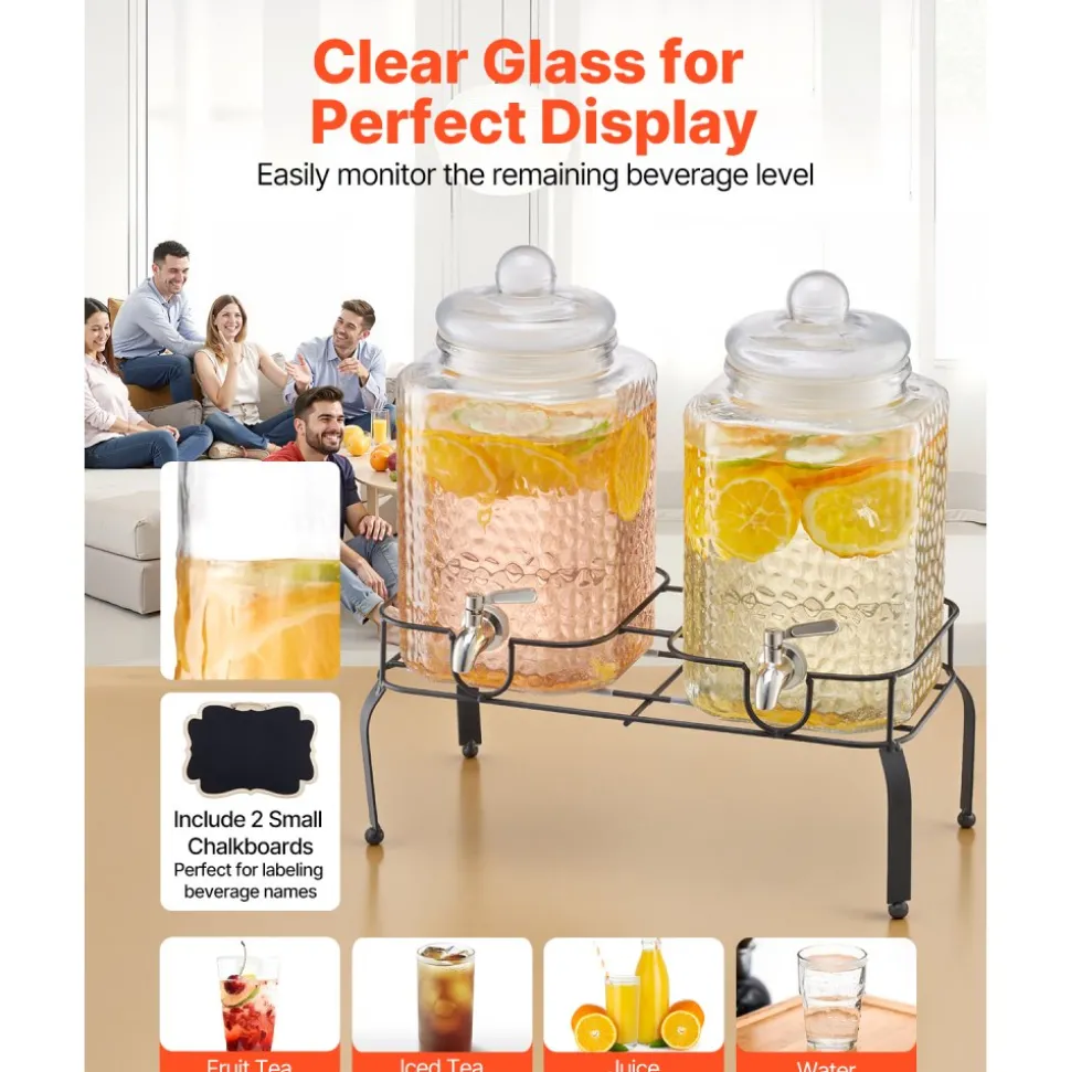 VEVOR Beverage Dispenser, 2 Pack 1.5 Gallon Drink Dispensers for Parties, Glass Juice Dispenser with Metal Stand, Stainless Steel Spigot, Iced Tea Lemonade Juice Water Dispensers for Parties