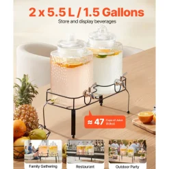 VEVOR Beverage Dispenser, 2 Pack 1.5 Gallon Drink Dispensers for Parties, Glass Juice Dispenser with Metal Stand, Stainless Steel Spigot, Iced Tea Lemonade Juice Water Dispensers for Parties