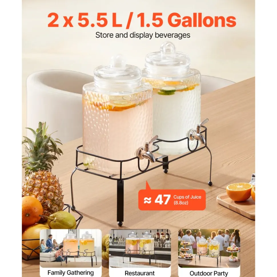 VEVOR Beverage Dispenser, 2 Pack 1.5 Gallon Drink Dispensers for Parties, Glass Juice Dispenser with Metal Stand, Stainless Steel Spigot, Iced Tea Lemonade Juice Water Dispensers for Parties