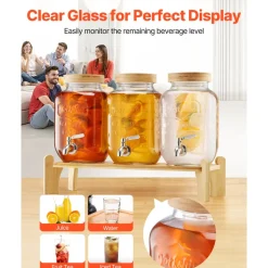 VEVOR Beverage Dispenser, 3 Pack 1 Gallon Drink Dispensers for Parties, Glass Juice Dispenser with Wood Stand, Stainless Steel Spigot, Infuser, Iced Tea Lemonade Juice Water Dispensers for Parties