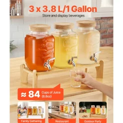 VEVOR Beverage Dispenser, 3 Pack 1 Gallon Drink Dispensers for Parties, Glass Juice Dispenser with Wood Stand, Stainless Steel Spigot, Infuser, Iced Tea Lemonade Juice Water Dispensers for Parties