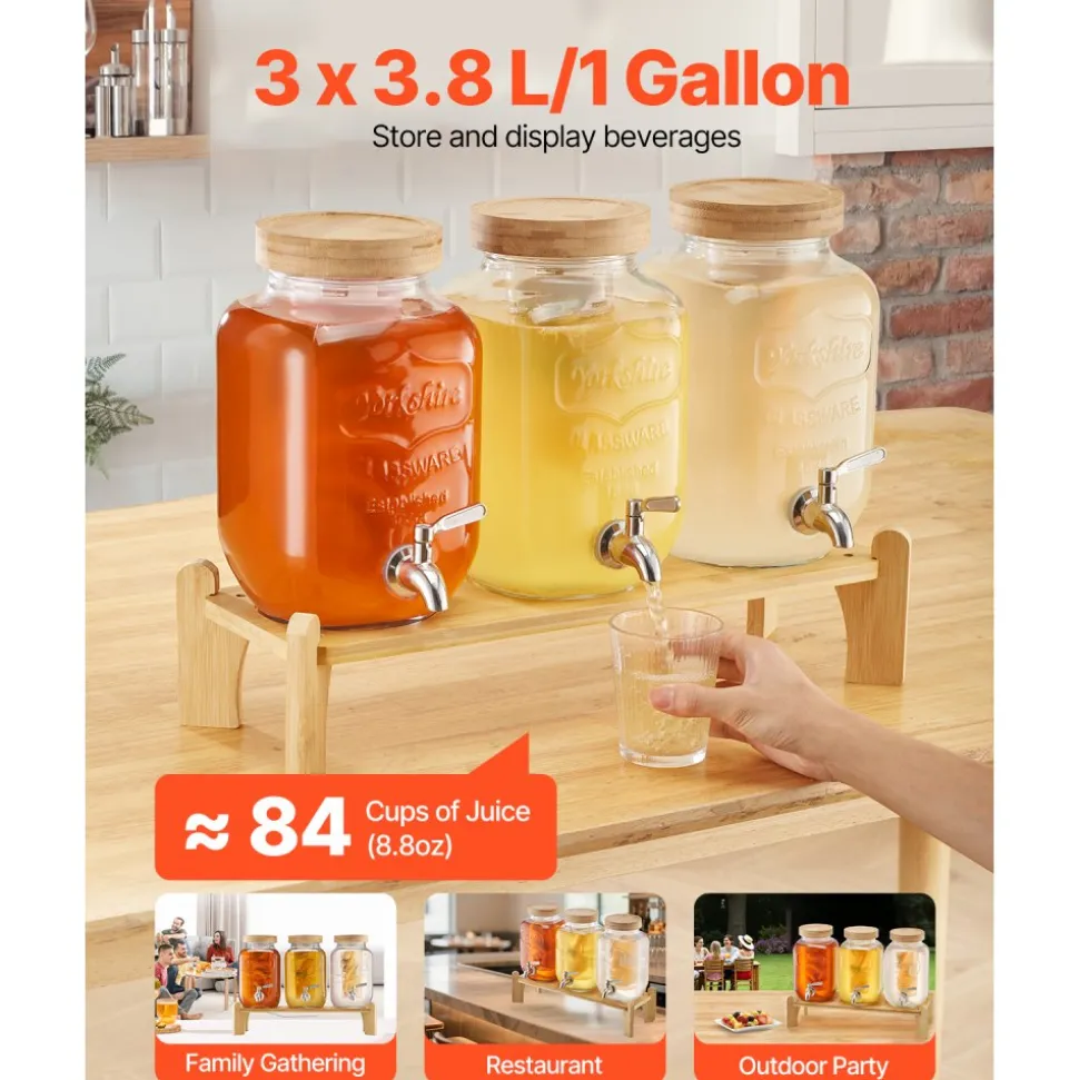 VEVOR Beverage Dispenser, 3 Pack 1 Gallon Drink Dispensers for Parties, Glass Juice Dispenser with Wood Stand, Stainless Steel Spigot, Infuser, Iced Tea Lemonade Juice Water Dispensers for Parties