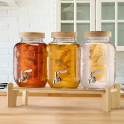 VEVOR Beverage Dispenser, 3 Pack 1 Gallon Drink Dispensers for Parties, Glass Juice Dispenser with Wood Stand, Stainless Steel Spigot, Infuser, Iced Tea Lemonade Juice Water Dispensers for Parties