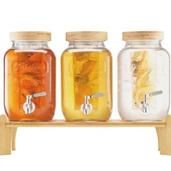 VEVOR Beverage Dispenser, 3 Pack 1 Gallon Drink Dispensers for Parties, Glass Juice Dispenser with Wood Stand, Stainless Steel Spigot, Infuser, Iced Tea Lemonade Juice Water Dispensers for Parties