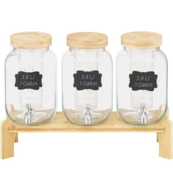 VEVOR Beverage Dispenser, 3 Pack 1 Gallon Drink Dispensers for Parties, Glass Juice Dispenser with Wood Stand, Stainless Steel Spigot, Infuser, Iced Tea Lemonade Juice Water Dispensers for Parties