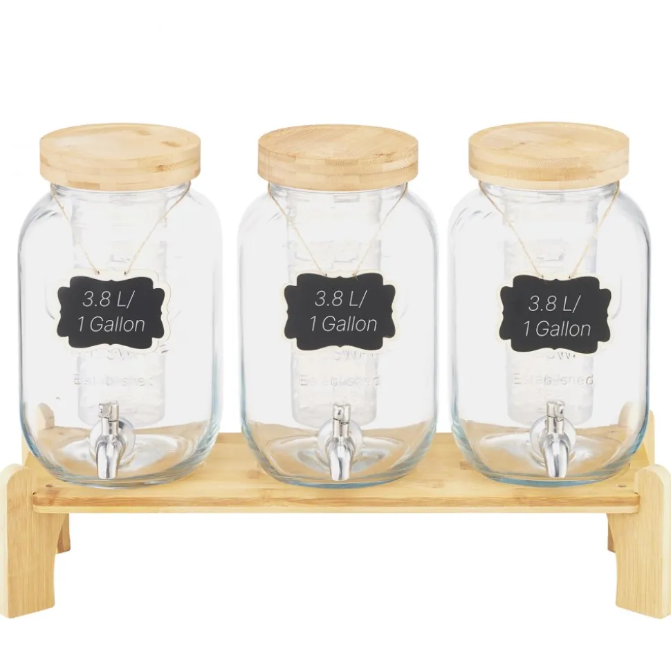 VEVOR Beverage Dispenser, 3 Pack 1 Gallon Drink Dispensers for Parties, Glass Juice Dispenser with Wood Stand, Stainless Steel Spigot, Infuser, Iced Tea Lemonade Juice Water Dispensers for Parties