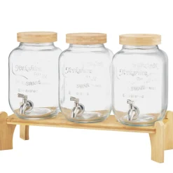 VEVOR Beverage Dispenser, 3 Pack 1 Gallon Drink Dispensers for Parties, Glass Juice Dispenser with Wood Stand, Stainless Steel Spigot, Infuser, Iced Tea Lemonade Juice Water Dispensers for Parties