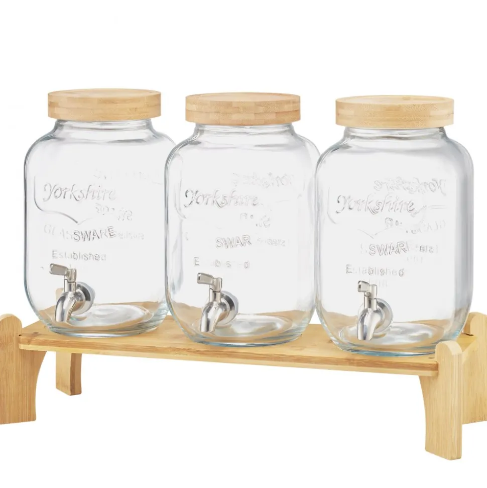 VEVOR Beverage Dispenser, 3 Pack 1 Gallon Drink Dispensers for Parties, Glass Juice Dispenser with Wood Stand, Stainless Steel Spigot, Infuser, Iced Tea Lemonade Juice Water Dispensers for Parties