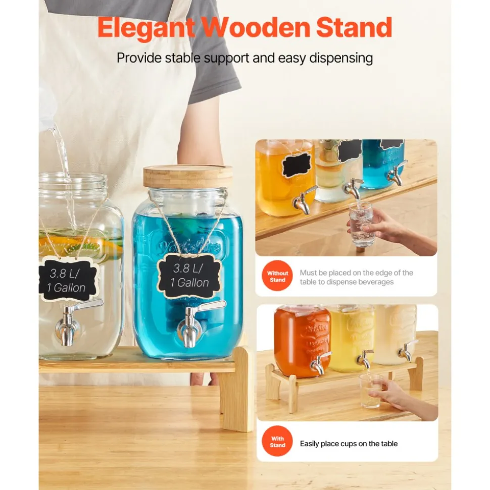 VEVOR Beverage Dispenser, 3 Pack 1 Gallon Drink Dispensers for Parties, Glass Juice Dispenser with Wood Stand, Stainless Steel Spigot, Infuser, Iced Tea Lemonade Juice Water Dispensers for Parties
