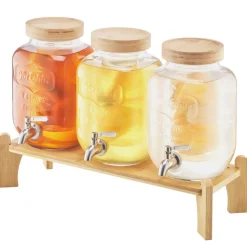 VEVOR Beverage Dispenser, 3 Pack 1 Gallon Drink Dispensers for Parties, Glass Juice Dispenser with Wood Stand, Stainless Steel Spigot, Infuser, Iced Tea Lemonade Juice Water Dispensers for Parties