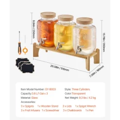 VEVOR Beverage Dispenser, 3 Pack 1 Gallon Drink Dispensers for Parties, Glass Juice Dispenser with Wood Stand, Stainless Steel Spigot, Infuser, Iced Tea Lemonade Juice Water Dispensers for Parties