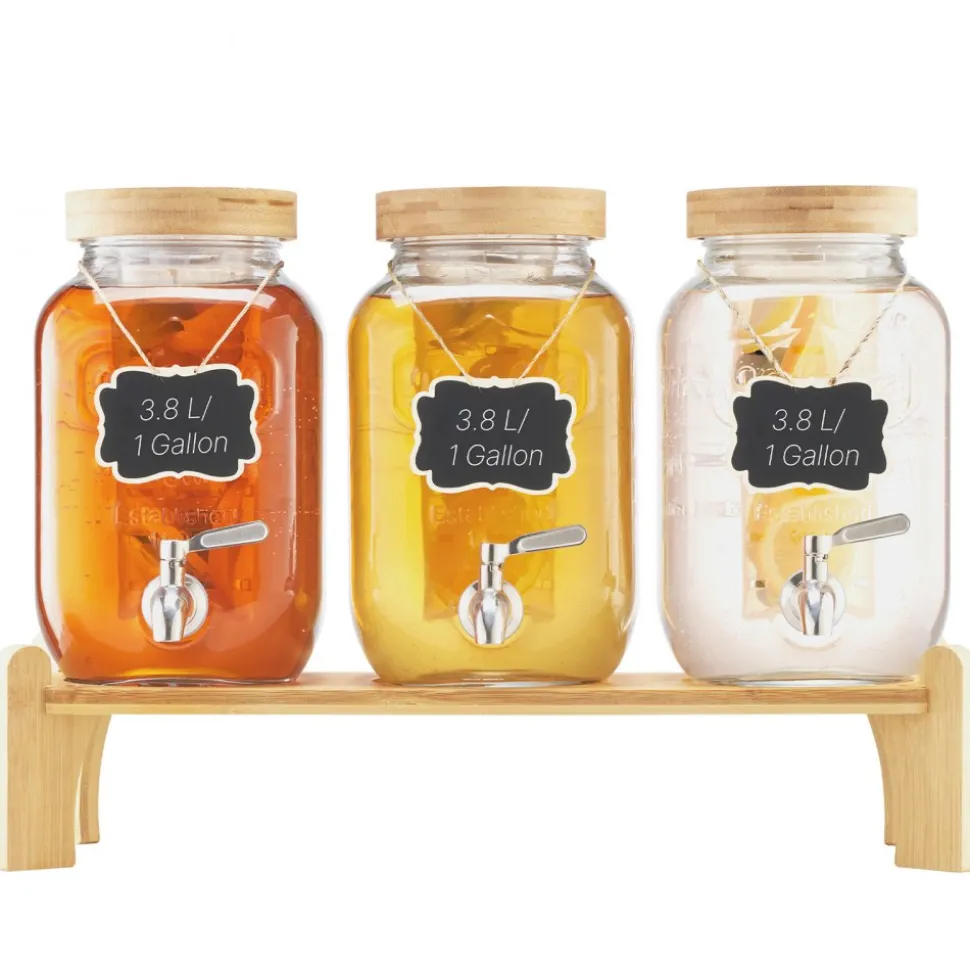 VEVOR Beverage Dispenser, 3 Pack 1 Gallon Drink Dispensers for Parties, Glass Juice Dispenser with Wood Stand, Stainless Steel Spigot, Infuser, Iced Tea Lemonade Juice Water Dispensers for Parties