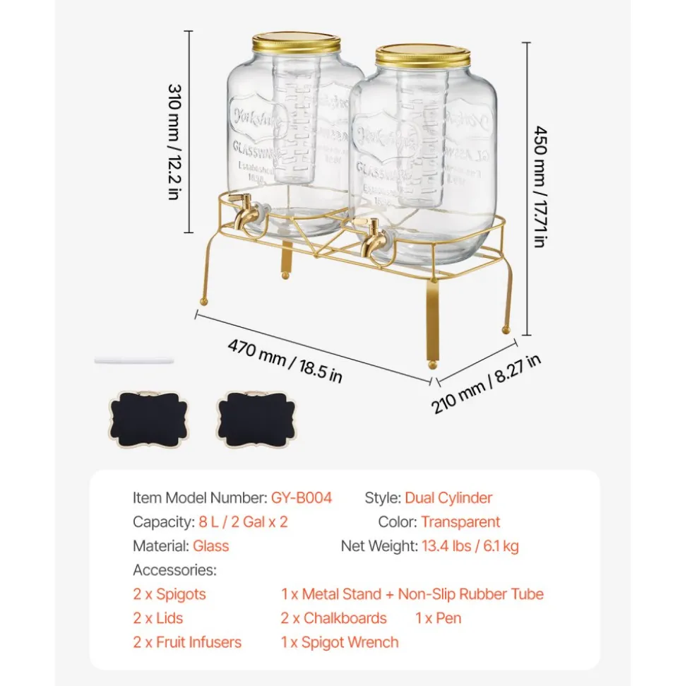 VEVOR Beverage Dispenser, 2 Pack 2 Gallon Drink Dispensers for Parties, Glass Juice Dispenser with Metal Stand, Stainless Steel Spigot, Infuser, Iced Tea Lemonade Juice Water Dispensers for Parties