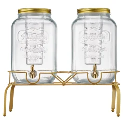 VEVOR Beverage Dispenser, 2 Pack 2 Gallon Drink Dispensers for Parties, Glass Juice Dispenser with Metal Stand, Stainless Steel Spigot, Infuser, Iced Tea Lemonade Juice Water Dispensers for Parties